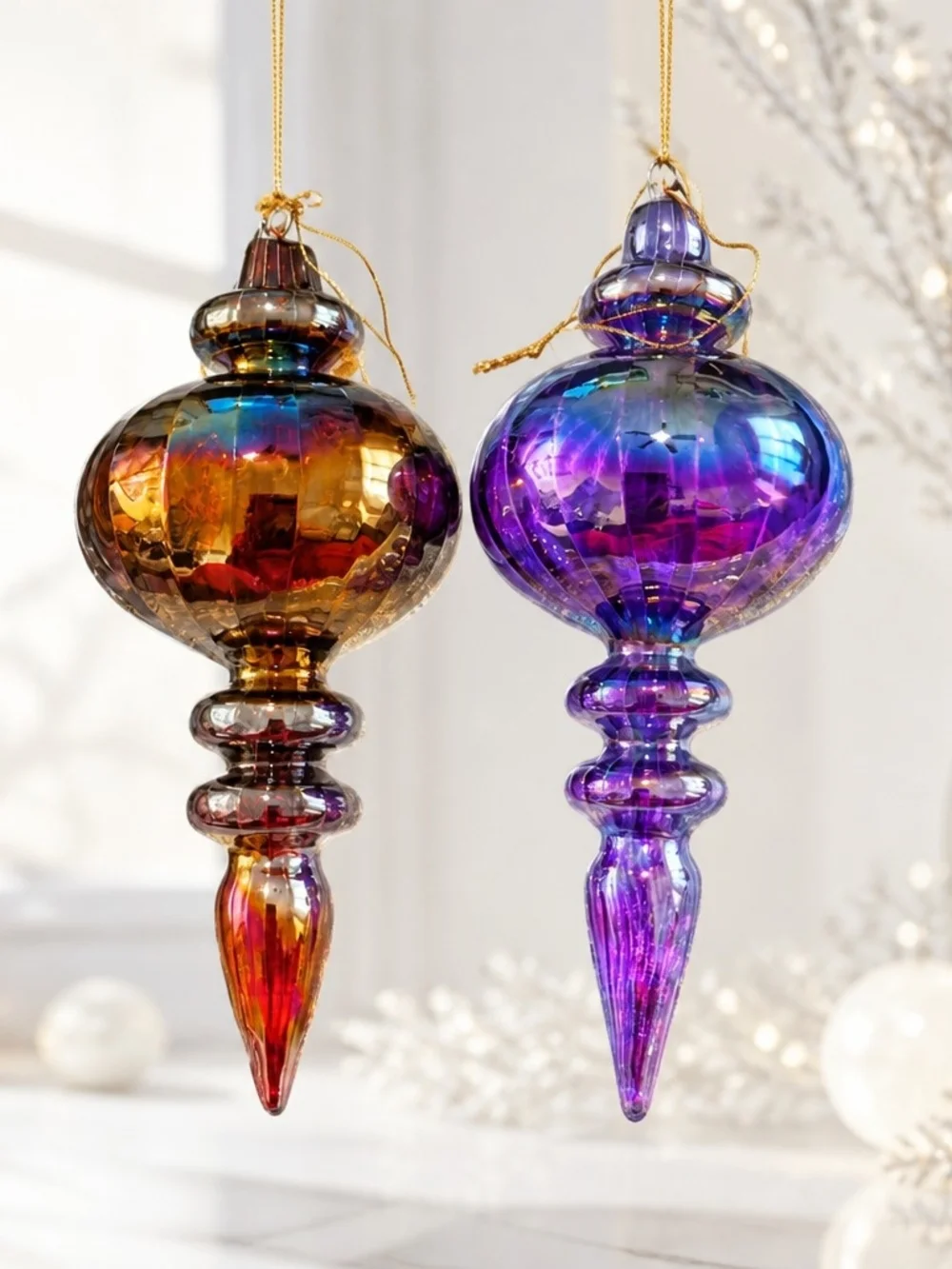 Set Of 2 Iridescent Finial Christmas Ornaments Purple/Bronze 7.5-7